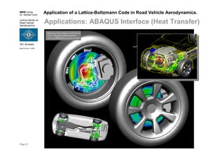 BMW Group
Dr. Norbert Grün
Lecture Series on
Road Vehicle
Aerodynamics
VKI, Brussels
May 30-June 3, 2005
Page 41
Application of a Lattice-Boltzmann Code in Road Vehicle Aerodynamics.
Applications: ABAQUS Interface (Heat Transfer)
Mapping heat transfer coefficients
from a PowerFLOW simulation
onto an ABAQUS structure model
 