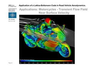 BMW Group
Dr. Norbert Grün
Lecture Series on
Road Vehicle
Aerodynamics
VKI, Brussels
May 30-June 3, 2005
Page 44
Application of a Lattice-Boltzmann Code in Road Vehicle Aerodynamics.
Applications: Motorcycles - Transient Flow Field
Near Surface Velocity
 