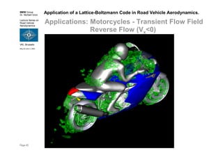 BMW Group
Dr. Norbert Grün
Lecture Series on
Road Vehicle
Aerodynamics
VKI, Brussels
May 30-June 3, 2005
Page 45
Application of a Lattice-Boltzmann Code in Road Vehicle Aerodynamics.
Applications: Motorcycles - Transient Flow Field
Reverse Flow (Vx<0)
 