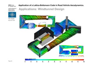 BMW Group
Dr. Norbert Grün
Lecture Series on
Road Vehicle
Aerodynamics
VKI, Brussels
May 30-June 3, 2005
Page 49
Application of a Lattice-Boltzmann Code in Road Vehicle Aerodynamics.
Applications: Windtunnel Design
 