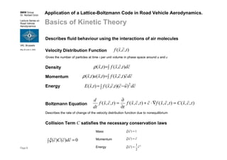 BMW Group
Dr. Norbert Grün
Lecture Series on
Road Vehicle
Aerodynamics
VKI, Brussels
May 30-June 3, 2005
Page 8
Application of a Lattice-Boltzmann Code in Road Vehicle Aerodynamics.
Basics of Kinetic Theory
Boltzmann Equation ),,(),,(),,(),,( tcxCtcxfctcxf
t
tcxf
dt
d rrrrrrrrr
=∇⋅+
∂
∂
=
Describes the rate of change of the velocity distribution function due to nonequilibrium
Velocity Distribution Function ),,( tcxf
rr
Gives the number of particles at time t per unit volume in phase space around x and c
Collision Term C satisfies the necessary conservation laws
∫ = 0)()( cdcCc
rrr
ξ
Mass
Momentum
Energy
1)( =c
r
ξ
cc
rr
=)(ξ
2
2
1
)( cc
rr
=ξ
Describes fluid behaviour using the interactions of air molecules
∫= cdtcxftx
rrrr
),,(),(ρDensity
∫= cdctcxftxutx
rrrrrr
),,(),(),(ρMomentum
∫ −= cductcxftxE
rrrrrr 2
))(,,(),(Energy
 