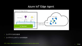 62
Azure IoT Edge Agent
エッジデバイスの死活監視
エッジデバイス上のモジュールの状態監視
参考：https://docs.microsoft.com/en-us/azure/iot-edge/iot-edge-runti...