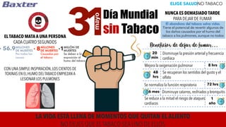 1
mayo
3 Día Mundial
sin Tabaco
LA VIDA ESTÁ LLENA DE MOMENTOS QUE QUITAN EL ALIENTO
NO DEJES QUE ELTABACO SEA UNO DE ELLOS
ELIGE SALUDNO TABACO
EL TABACO MATA A UNA PERSONA
CADA CUATRO SEGUNDOS
· 56.9 · 8
MILLONES
DE MUERTES
Por todas las
causas
MILLONES
DE MUERTES
Causadas por
el tabaco
·1MILLÓN DE
MUERTES
Se deben a la
exposición al
humo del tabaco
CON UNA SIMPLE INSPIRACIÓN, LOS CIENTOS DE
TOXINAS EN EL HUMO DELTABACO EMPIEZAN A
LESIONAR LOS PULMONES
NUNCA ES DEMASIADO TARDE
PARA DEJAR DE FUMAR
El abandono del tabaco salva vidas.
Tiene el potencial de revertir algunos de
los daños causados por el humo del
tabaco a los pulmones, aunque no todos
Beneficios de dejar de fumar…
Disminuye la presión arterial y frecuencia
cardíaca
Mejora la oxigenación pulmonar
Se recuperan los sentidos del gusto y el
olfato
Se normaliza la función respiratoria
Disminuye catarros, resfriados y bronquitis
Se reduce a la mitad el riesgo de ataques
cardíacos
20
min
8 hrs
48
hrs
72 hrs
6 mes
1
año
 