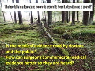 • (Picture of a tree)
Is the medical evidence read by doctors
and the public?
How can surgeons communicate medical
evidence better so they are heard?
 