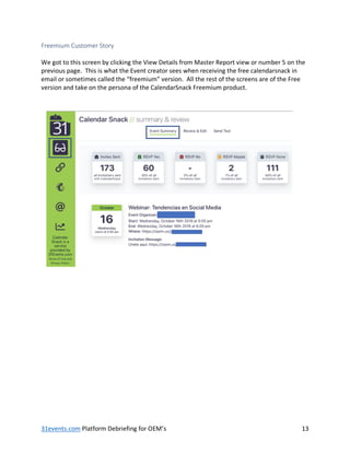 31events.com Platform Debriefing for OEM’s 13
Freemium Customer Story
We got to this screen by clicking the View Details from Master Report view or number 5 on the
previous page. This is what the Event creator sees when receiving the free calendarsnack in
email or sometimes called the “freemium” version. All the rest of the screens are of the Free
version and take on the persona of the CalendarSnack Freemium product.
 