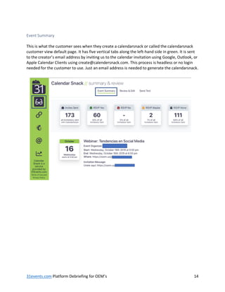 31events.com Platform Debriefing for OEM’s 14
Event Summary
This is what the customer sees when they create a calendarsnack or called the calendarsnack
customer view default page. It has five vertical tabs along the left-hand side in green. It is sent
to the creator’s email address by inviting us to the calendar invitation using Google, Outlook, or
Apple Calendar Clients using create@calendersnack.com. This process is headless or no login
needed for the customer to use. Just an email address is needed to generate the calendarsnack.
 