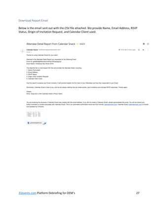 31events.com Platform Debriefing for OEM’s 27
Download Report Email
Below is the email sent out with the.CSV file attached. We provide Name, Email Address, RSVP
Status, Origin of Invitation Request, and Calendar Client used.
 