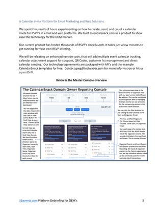 31events.com Platform Debriefing for OEM’s 3
A Calendar Invite Platform for Email Marketing and Web Solutions
We spent thousands of hours experimenting on how to create, send, and count a calendar
invite for RSVP's in email and web platforms. We built calendarsnack.com as a product to show
case the technology for the OEM market.
Our current product has hosted thousands of RSVP's since launch. It takes just a few minutes to
get running for your own RSVP offering.
We will be releasing an enhanced version soon, that will add multiple event calendar tracking,
calendar attachment support for coupons, QR Codes, customer list management and direct
calendar sending. Our technology agreements are packaged with API's and the example
CalendarSnack templates for free. Contact greg@techvader.com for more information or hit us
up on Drift.
Below is the Master Console overview
 