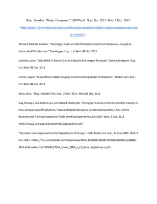 Ruiz, Brandon. "Major Companies." IBISWorld. N.p., Oct. 2013. Web. 5 Dec. 2013.
<http://clients1.ibisworld.com.ezproxy.babson.edu/reports/us/industry/majorcompanies.aspx?ent
id=816#OC>.
Richard,Michale Graham. "TeslaSignsDeal for2 BILLION Battery CellsfromPanasonic,Enoughto
Quintuple EV Production." TreeHugger.N.p.,n.d.Web.08 Dec.2013.
Voelcker,John."2014 BMW I3 ElectricCar: Full DetailsAndImagesReleased." Green CarReports.N.p.,
n.d.Web.08 Dec. 2013.
Herron,David."TeslaMotors: BatterySupplyCrunchLimitingModel SProduction." Electric Cars.N.p.,
n.d.Web.08 Dec. 2013.
Musk, Elon."Blog." ModelS Fire. N.p.,04 Oct.2013. Web.06 Dec.2013.
Nag,Biswajit,SaikatBanerjee,andRittwikChatterjee."ChangingFeaturesof the AutomobileIndustryin
Asia:Comparisonof Production,Trade andMarketStructure inSelectedCountries."Asia-Pacific
ResearchandTrainingNetworkonTrade WorkingPaperSeries,July2007.Web. 9 Dec. 2013.
<http://www.unescap.org/tid/artnet/pub/wp3707.pdf>.
"TeslaGetsLoan Approval fromUS Departmentof Energy." Tesla MotorsInc. N.p.,23 June 2009. Web.9
Dec. 2013. <http://files.shareholder.com/downloads/ABEA-4CW8X0/2826817429x0x380982/e2c0808e-
3451-4a35-ae8a-e1ac7f436453/TSLA_News_2009_6_23_General_Releases.pdf>.
 