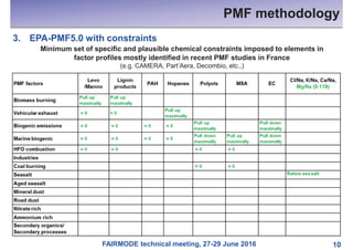 FAIRMODE technical meeting, 27-29 June 2016
PMF methodology
10
3. EPA-PMF5.0 with constraints
Minimum set of specific and plausible chemical constraints imposed to elements in
factor profiles mostly identified in recent PMF studies in France
(e.g. CAMERA, Part’Aera, Decombio, etc.,)
 