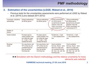 FAIRMODE technical meeting, 27-29 June 2016
PMF methodology
7
2. Estimation of the uncertainties (LGGE, Waked et al., 2014)
- Previous tests for the uncertainties assessments were performed at LGGE by Waked
et al. (2014) (Lens dataset 2011-2012)
►►Simulation with the Gianini methodology and the relative uncertainty for trace
elements was selected
 