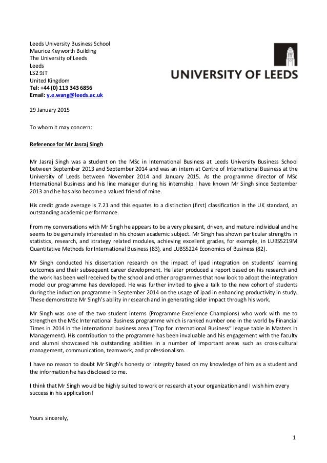 Reference Letter For Business School