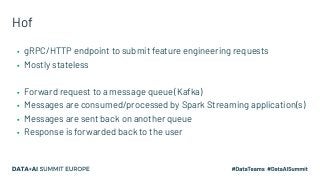Hof
▪ gRPC/HTTP endpoint to submit feature engineering requests
▪ Mostly stateless
▪ Forward request to a message queue (K...