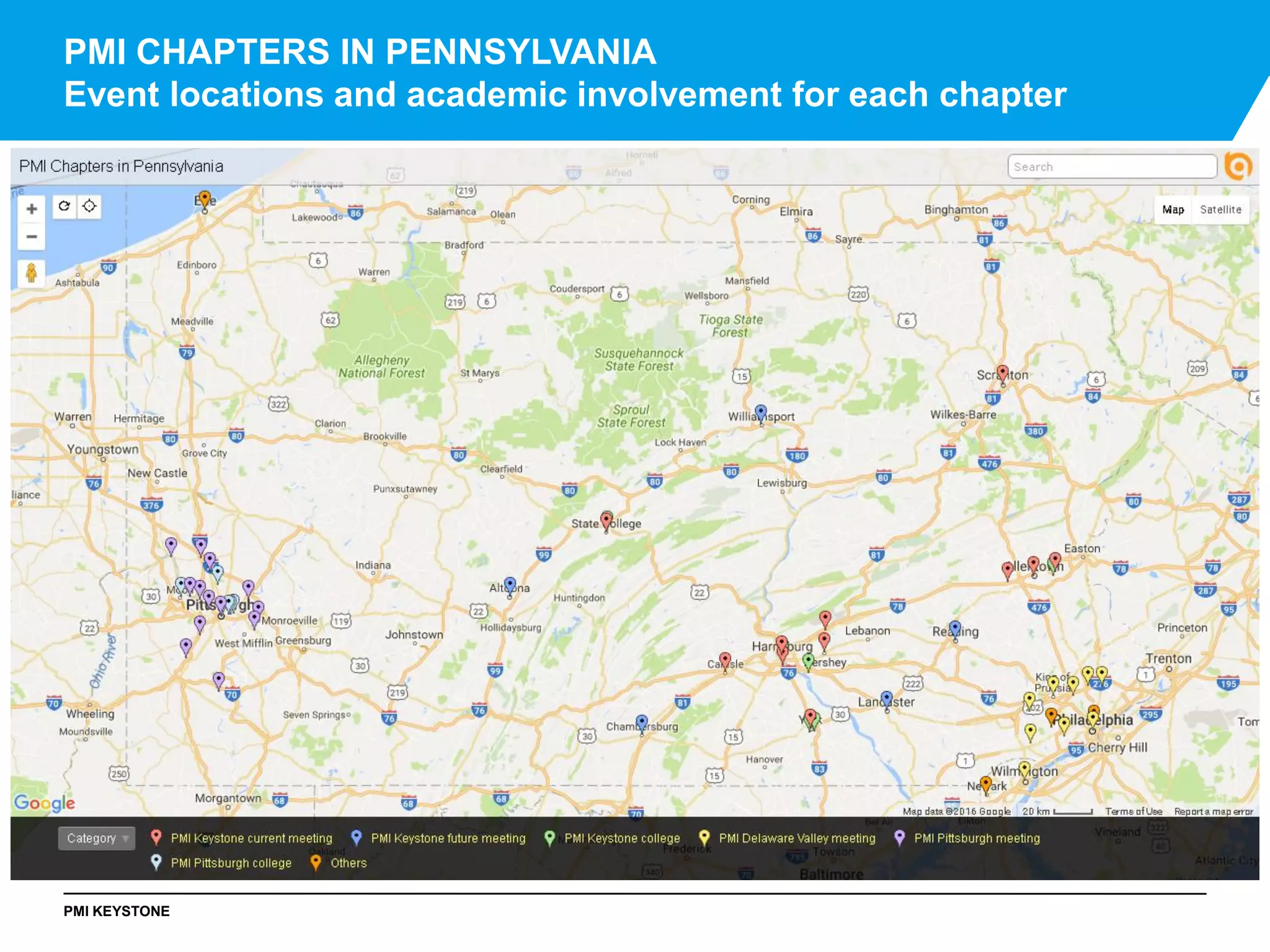 PMI KEYSTONE
PMI CHAPTERS IN PENNSYLVANIA
Event locations and academic involvement for each chapter
 