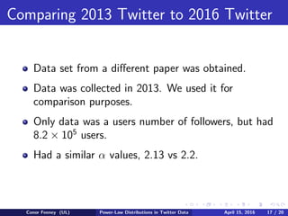 Comparing 2013 Twitter to 2016 Twitter
Data set from a diﬀerent paper was obtained.
Data was collected in 2013. We used it for
comparison purposes.
Only data was a users number of followers, but had
8.2 × 105
users.
Had a similar α values, 2.13 vs 2.2.
Conor Feeney (UL) Power-Law Distributions in Twitter Data April 15, 2016 17 / 20
 
