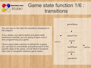 Game state function 1/6 :
                                    transitions

                                                                   gameSetup
You can see on the right the transitions displayed on
the diagram.

If you design your game states and game state                      playerTurn
transitions carefully, you are going to save a lot of
time programming your game.                                         playDisc
                                                        nextTurn
Once a good state machine is defined for a game,
you can start to concentrate yourself on each of the               nextPlayer   cantPlay
specific state of the game, and let BGA Framework
take care of navigation between game states.                       endGame


                                                                   gameEnd
 