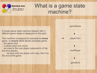 What is a game state
                                        machine?

                                                      gameSetup

A simple game state machine diagram with 4
different game states is displayed on the right.

This machine correspond for example to chess          playerTurn
game, or reversi (BGA Studio example) game :
_ the game start.
_ a player plays one move.
_ we jump to the next player (opponent's of the
previous player).                                     nextPlayer
_ … we loop until one player can't play, then it is
the end of the game


                                                      gameEnd
 