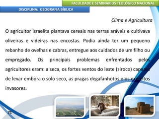 FACULDADE E SEMINÁRIOS TEOLÓGICO NACIONAL
DISCIPLINA: GEOGRAFIA BÍBLICA
71
Clima e Agricultura
O agricultor israelita plantava cereais nas terras aráveis e cultivava
oliveiras e videiras nas encostas. Podia ainda ter um pequeno
rebanho de ovelhas e cabras, entregue aos cuidados de um filho ou
empregado. Os principais problemas enfrentados pelos
agricultores eram: a seca, os fortes ventos do leste (siroco) capazes
de levar embora o solo seco, as pragas degafanhotos e os exércitos
invasores.
 