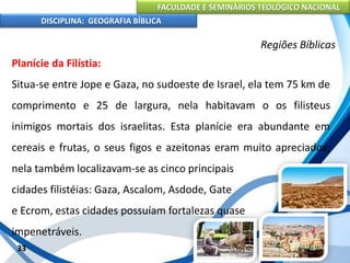 FACULDADE E SEMINÁRIOS TEOLÓGICO NACIONAL
DISCIPLINA: GEOGRAFIA BÍBLICA
33
Regiões Bíblicas
Planície da Filístia:
Situa-se entre Jope e Gaza, no sudoeste de Israel, ela tem 75 km de
comprimento e 25 de largura, nela habitavam o os filisteus
inimigos mortais dos israelitas. Esta planície era abundante em
cereais e frutas, o seus figos e azeitonas eram muito apreciados;
nela também localizavam-se as cinco principais
cidades filistéias: Gaza, Ascalom, Asdode, Gate
e Ecrom, estas cidades possuíam fortalezas quase
impenetráveis.
 