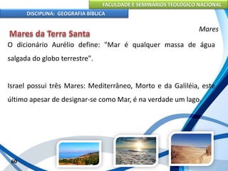 FACULDADE E SEMINÁRIOS TEOLÓGICO NACIONAL
DISCIPLINA: GEOGRAFIA BÍBLICA
60
Mares
O dicionário Aurélio define: "Mar é qualquer massa de água
salgada do globo terrestre".
Israel possui três Mares: Mediterrâneo, Morto e da Galiléia, este
último apesar de designar-se como Mar, é na verdade um lago.
 