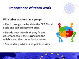 Importance of team work
With other teachers (as a group):
• Read through the levels in the CEF Global
Scale and self-assessment grids.
• Decide how they think they fit the
classroom goals, the curriculum, the
syllabus and the course book chosen.
• Share ideas, advices and points of view.
 
