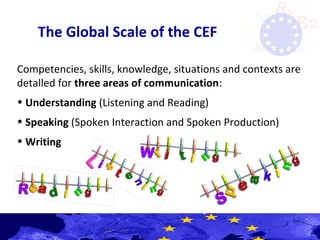 The Global Scale of the CEF
Competencies, skills, knowledge, situations and contexts are
detalled for three areas of communication:
• Understanding (Listening and Reading)
• Speaking (Spoken Interaction and Spoken Production)
• Writing
 