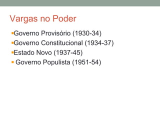 Vargas no Poder
Governo Provisório (1930-34)
Governo Constitucional (1934-37)
Estado Novo (1937-45)
Governo Populista (1951-54)
 