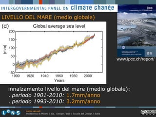 LIVELLO DEL MARE (medio globale)

www.ipcc.ch/report/

innalzamento livello del mare (medio globale):
. periodo 1901-2010: 1.7mm/anno
. periodo 1993-2010: 3.2mm/anno
carlo vezzoli
Politecnico di Milano / dip. Design / DIS / Scuola del Design / Italia

 