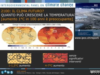 2100: IL CLIMA FUTURO?
QUANTO PUÒ CRESCERE LA TEMPERATURA?
[aumento 1°C in 100 anni è preoccupante]

www.ipcc.ch/report/

senza
significativi
interventi
1-1,5°C aumento

4-7°C aumento

carlo vezzoli
Politecnico di Milano / dip. Design / DIS / Scuola del Design / Italia

 