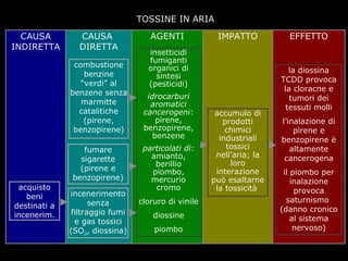 TOSSINE IN ARIA
CAUSA
INDIRETTA

CAUSA
DIRETTA
combustione
benzine
“verdi” al
benzene senza
marmitte
catalitiche
(pirene,
benzopirene)
fumare
sigarette
(pirene e
benzopirene)

acquisto
beni
destinati a
incenerim.

incenerimento
senza
filtraggio fumi
e gas tossici
(SO2, diossina)

AGENTI

IMPATTO

insetticidi
fumiganti
organici di
sintesi
(pesticidi)
idrocarburi
aromatici
cancerogeni:
pirene,
benzopirene,
benzene
particolati di:
amianto,
berillio
piombo,
mercurio
cromo

accumulo di
prodotti
chimici
industriali
tossici
nell’aria; la
loro
interazione
può esaltarne
la tossicità

cloruro di vinile
diossine
piombo

carlo vezzoli
Politecnico di Milano / dip. Design / DIS / Scuola del Design / Italia

EFFETTO

la diossina
TCDD provoca
la cloracne e
tumori dei
tessuti molli
l’inalazione di
pirene e
benzopirene è
altamente
cancerogena
il piombo per
inalazione
provoca
saturnismo
(danno cronico
al sistema
nervoso)

 