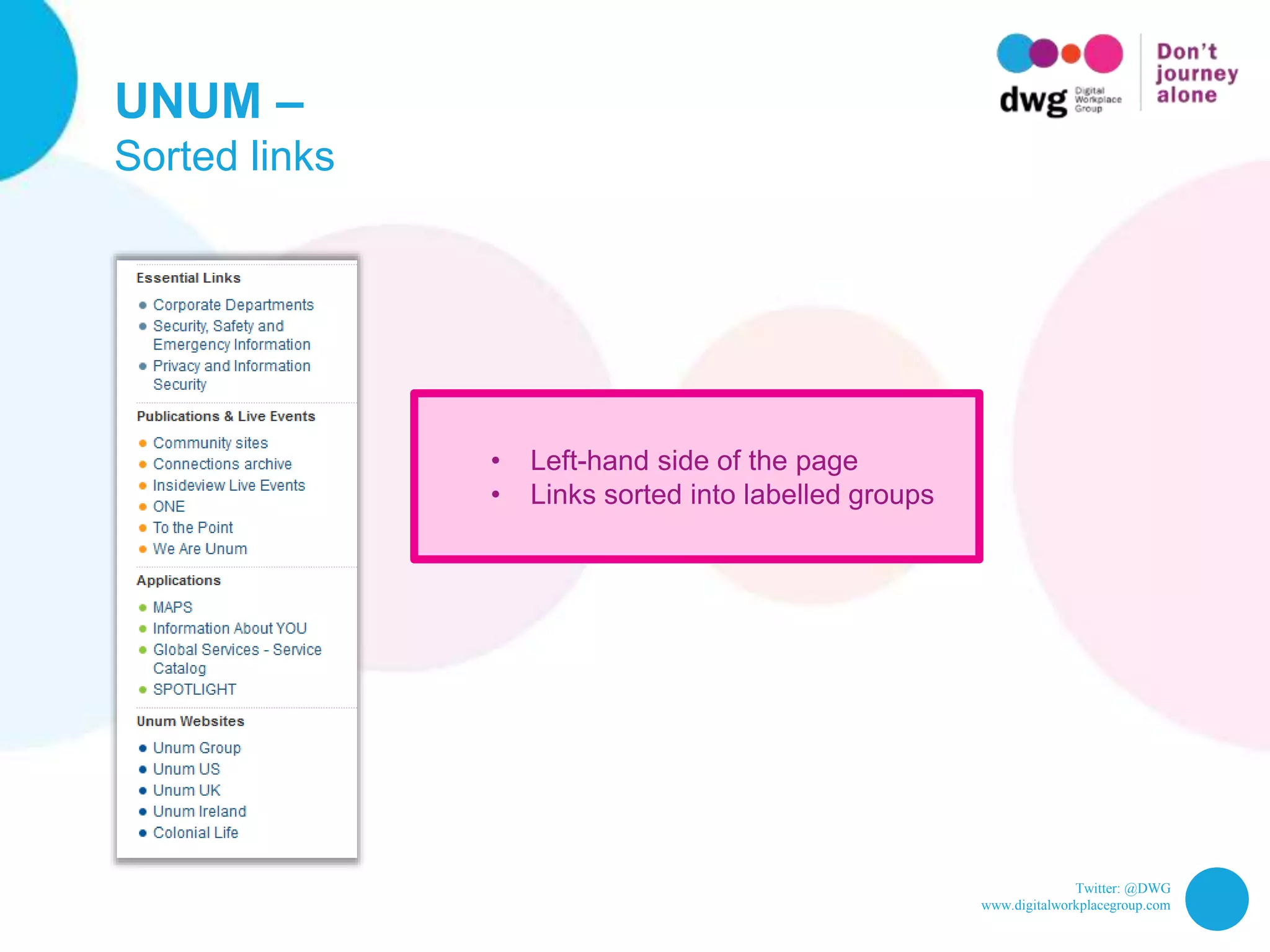 Twitter: @DWG
www.digitalworkplacegroup.com
UNUM –
Sorted links
• Left-hand side of the page
• Links sorted into labelled groups
 