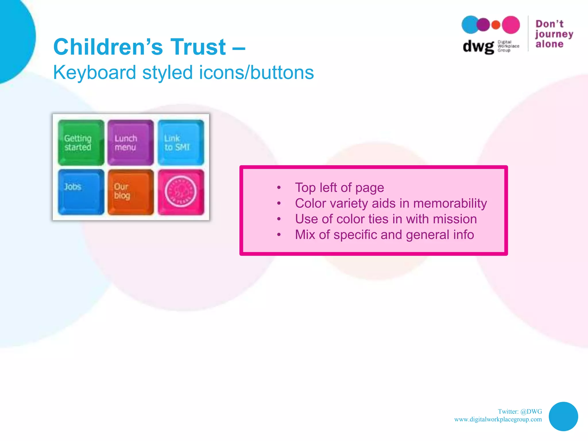 Twitter: @DWG
www.digitalworkplacegroup.com
Children’s Trust –
Keyboard styled icons/buttons
• Top left of page
• Color variety aids in memorability
• Use of color ties in with mission
• Mix of specific and general info
 