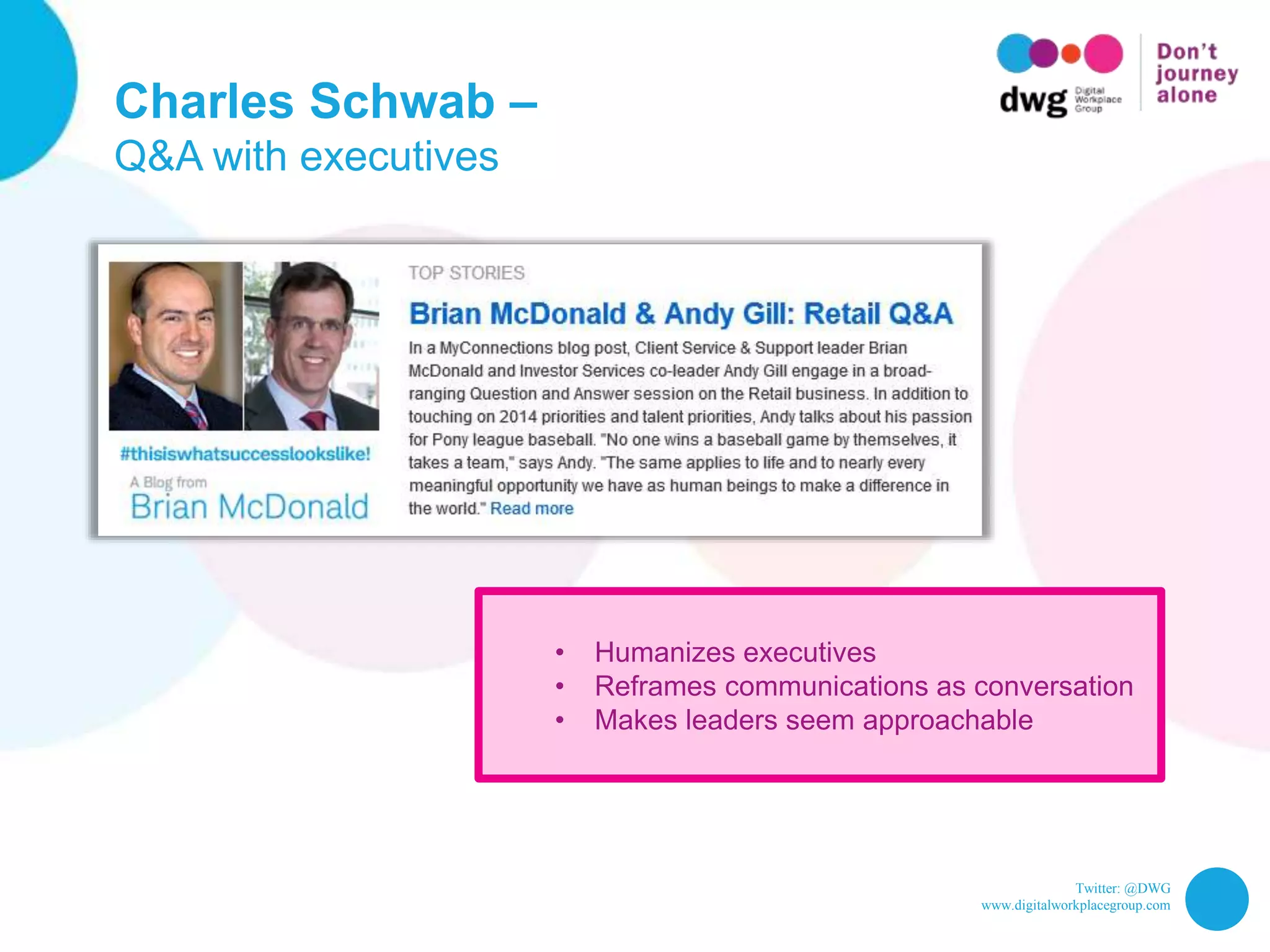 Twitter: @DWG
www.digitalworkplacegroup.com
Charles Schwab –
Q&A with executives
• Humanizes executives
• Reframes communications as conversation
• Makes leaders seem approachable
 