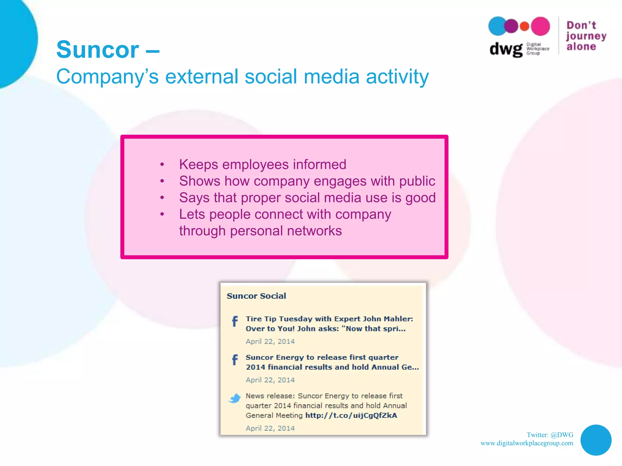 Twitter: @DWG
www.digitalworkplacegroup.com
Suncor –
Company’s external social media activity
• Keeps employees informed
• Shows how company engages with public
• Says that proper social media use is good
• Lets people connect with company
through personal networks
 