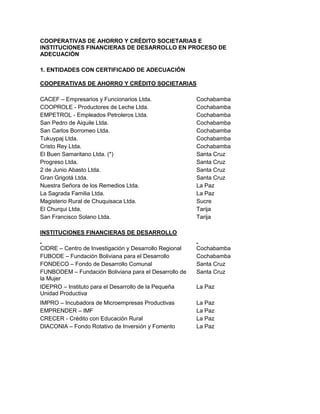 COOPERATIVAS DE AHORRO Y CRÉDITO SOCIETARIAS E
INSTITUCIONES FINANCIERAS DE DESARROLLO EN PROCESO DE
ADECUACIÓN

1. ENTIDADES CON CERTIFICADO DE ADECUACIÓN

COOPERATIVAS DE AHORRO Y CRÉDITO SOCIETARIAS

CACEF – Empresarios y Funcionarios Ltda.                Cochabamba
COOPROLE - Productores de Leche Ltda.                   Cochabamba
EMPETROL - Empleados Petroleros Ltda.                   Cochabamba
San Pedro de Aiquile Ltda.                              Cochabamba
San Carlos Borromeo Ltda.                               Cochabamba
Tukuypaj Ltda.                                          Cochabamba
Cristo Rey Ltda.                                        Cochabamba
El Buen Samaritano Ltda. (*)                            Santa Cruz
Progreso Ltda.                                          Santa Cruz
2 de Junio Abasto Ltda.                                 Santa Cruz
Gran Grigotá Ltda.                                      Santa Cruz
Nuestra Señora de los Remedios Ltda.                    La Paz
La Sagrada Familia Ltda.                                La Paz
Magisterio Rural de Chuquisaca Ltda.                    Sucre
El Churqui Ltda.                                        Tarija
San Francisco Solano Ltda.                              Tarija

INSTITUCIONES FINANCIERAS DE DESARROLLO

CIDRE – Centro de Investigación y Desarrollo Regional   Cochabamba
FUBODE – Fundación Boliviana para el Desarrollo         Cochabamba
FONDECO – Fondo de Desarrollo Comunal                   Santa Cruz
FUNBODEM – Fundación Boliviana para el Desarrollo de    Santa Cruz
la Mujer
IDEPRO – Instituto para el Desarrollo de la Pequeña     La Paz
Unidad Productiva
IMPRO – Incubadora de Microempresas Productivas         La Paz
EMPRENDER – IMF                                         La Paz
CRECER - Crédito con Educación Rural                    La Paz
DIACONIA – Fondo Rotativo de Inversión y Fomento        La Paz
 