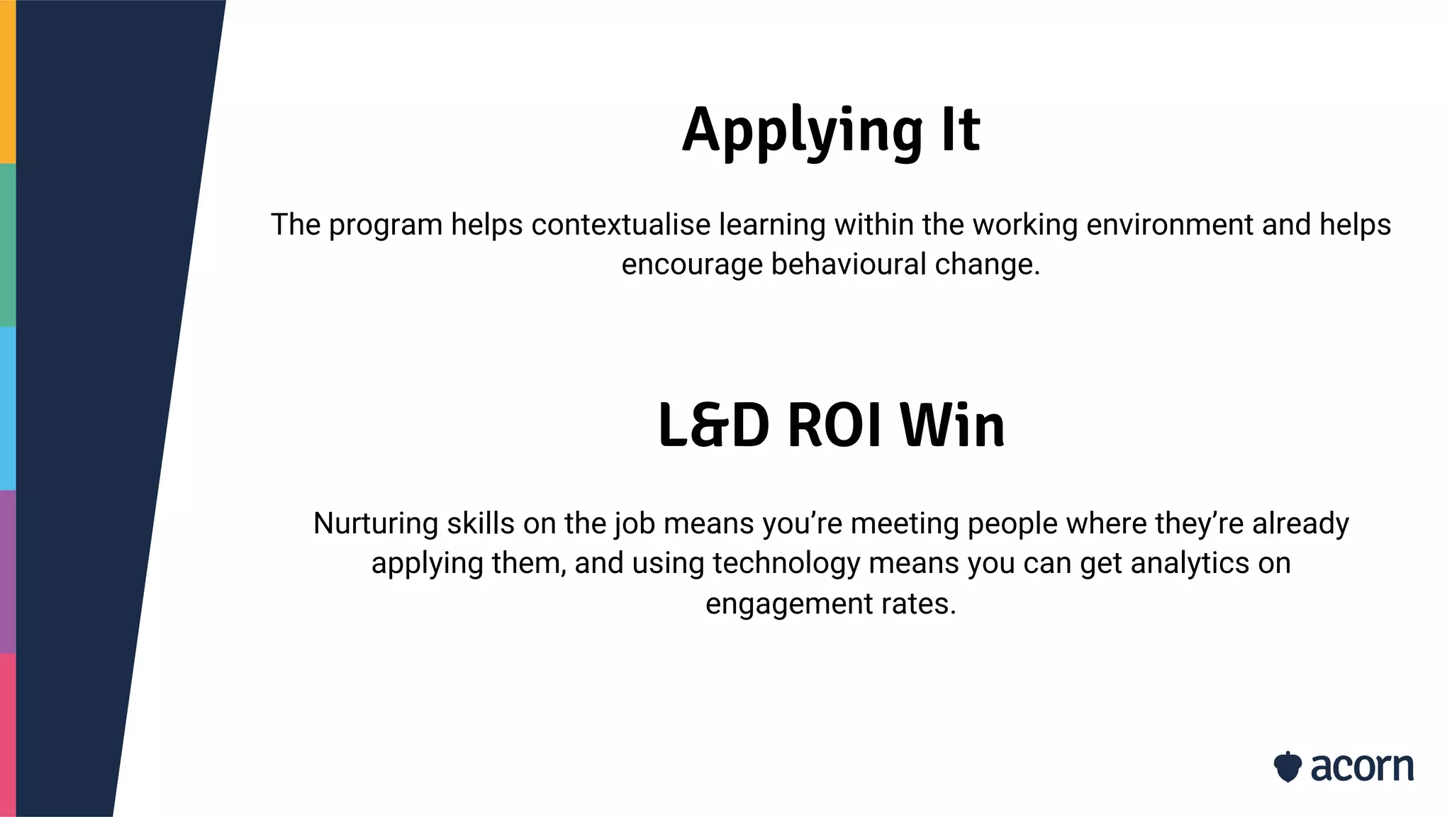 Applying It
The program helps contextualise learning within the working environment and helps
encourage behavioural change.
L&D ROI Win
Nurturing skills on the job means you’re meeting people where they’re already
applying them, and using technology means you can get analytics on
engagement rates.
 