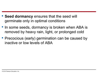 © 2014 Pearson Education, Inc.
 Seed dormancy ensures that the seed will
germinate only in optimal conditions
 In some seeds, dormancy is broken when ABA is
removed by heavy rain, light, or prolonged cold
 Precocious (early) germination can be caused by
inactive or low levels of ABA
 