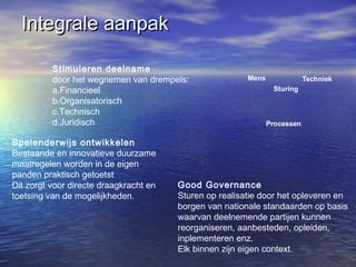 Integrale aanpakIntegrale aanpak
Mens
Processen
Techniek
Sturing
Stimuleren deelname
door het wegnemen van drempels:
a.Financieel
b.Organisatorisch
c.Technisch
d.Juridisch
Good Governance
Sturen op realisatie door het opleveren en
borgen van nationale standaarden op basis
waarvan deelnemende partijen kunnen
reorganiseren, aanbesteden, opleiden,
inplementeren enz.
Elk binnen zijn eigen context.
Spelenderwijs ontwikkelen
Bestaande en innovatieve duurzame
maatregelen worden in de eigen
panden praktisch getoetst
Dit zorgt voor directe draagkracht en
toetsing van de mogelijkheden.
 