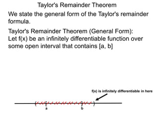 Taylor's Remainder Theorem
We state the general form of the Taylor's remainder
formula.
Taylor's Remainder Theorem (General Form):
Let f(x) be an infinitely differentiable function over
some open interval that contains [a, b]
a
( )[ ]
b
f(x) is infinitely differentiable in here
 