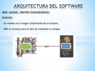 MDE (MODEL DRIVEN ENGINEERING)
Modelado
Un modelo es la imagen simplificada de un sistema
MDE es reciente pero la idea de modelado es antigua

 