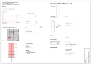F Sismo
rresistente AQC0210
ESCUELA DE A
RQUITECTURA
PONTIFICIA UNIVER
SIDAD CATÓLICA DE CHILE
orma
1 PESO PROPIO + SOBRECARGA
4 VERIFICACIÓN
3 CÁLCULO DE CARGA DE PANDEO CRÍTICA (Fcrit)
2 CÁLCULO FUERZA ÚLTIMA (Fu)
Sobrecarga determinada según NCh1537
PP + SC
Apoyo Empotrado
4m
h=4 cm
b=4 cm
Apoyo Rotulado
α = 0,7
Pu = At x Q x Nº Pisos
Pu = (9 4 x 10 4)m x 1 4 kg/m
Pu = 744 931 kg
Fcrítico = 1 009 901 kg
Pu = 744 931 kg
Carga última < Carga Nominal
Columna no experimentará pandeo
744 931 < 1 009 901
Carga Última
At: 97,76m
Q: 1 4 kg/m
Nº Pisos Soportados:
Fcrítico = π x
E x I min
Carga Nominal
Inercia Mínima
Imin = (base x altura ) / 12
Imin = (4 cmx 4 ) / 12
Imin = 34171 cm
Hormigón armado 23500 kg/cm2
MUNCYT
ALCEBOXALONSO
FSR.
2020.
Rammsy
Alvarado
Gonzalez
Fcrítico = π x
E x I min
(α x L)
23500kg/cm x 341718cm4
(0,7 x 4 0cm)
(α x L)
Fcrítico = 3,14 x
Fcrítico = 1 009 901 kg
1 4kg/m2
1 4kg/m2
1 4kg/m2
1 4kg/m2
1 4kg/m2
1 4kg/m2
3.1 Condiciones de Apoyo
3.2 Sección Crítica
3.3 Material
3.4 Pandeo Crítico
2.2 Peso Soportante
2.1 Área Tributaria Luz= 9 4m
Largo Tributario= 10 4m
Área tributaria= 10 4 9 4 = 97 7 m
Corte A-A'
PP 1024kg/m
500kg/m
1524kg/m
n/a
n/a
n/a
n/a
ESPESOR PESO
ELEMENTO
Vidrio Aislante
Pilar Acero
Carpintería Aluminio
Panel Hormigón Prefabricado e: 5cm
Tabique
e: 20 cms
e: 20 cms
Losa Armanda
Malla perforada acero
Sistema de Ventilación
Losa Armada
500
500
 