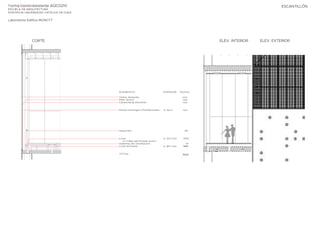 ELEV. EXTERIOR
ELEV. INTERIOR
PLANTA
CORTE
FormaSismorresistente AQC0210
ESCUELA DE ARQUITECTURA
PONTIFICIA UNIVERSIDAD CATÓLICA DE CHILE
Laboratorio Edificio MUNCYT
ESCANTILLÓN
ELEMENTO ESPESOR KG/m2
Vidrio Aislante n/a
Pilar Acero n/a
Carpintería Aluminio n/a
Panel Hormigón Prefabricado e: 5cm n/a
Soportes 25
Losa e: 20 cms 500
c/ malla perforada acero
Sistema de Ventilación 14
Losa Armada e: 20 cms 500
TOTAL 1024
 