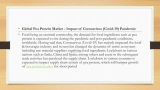 • Global Pea Protein Market - Impact of Coronavirus (Covid-19) Pandemic:
• Food being an essential commodity, the demand for food ingredients such as pea
protein is expected to rise during the pandemic and post pandemic conditions,
worldwide. Having said that, Coronavirus (Covid-19) has majorly impacted the food
& beverages industry and in turn has changed the dynamics of entire ecosystem
including raw material suppliers supplying food ingredients. Lockdown in various
nations such as India, China and Spain, among others and cease in the subsequent
trade activities has paralyzed the supply chain. Lockdown in various countries is
expected to impact supply chain system of pea protein, which will hamper growth
of pea protein market for short period
 