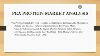 PEA PROTEIN MARKET ANALYSIS
Pea Protein Market, By Type (Isolates, Concentrates, Textured), By Application
(Bakery and Snacks, Dietary Supplementation, Beverages, Meat
Analogs/Substitutes), and By Region (North America, Latin America,
Europe, Asia Pacific, Middle East & Africa) - Size, Share, Outlook, and
Opportunity Analysis, 2020 - 2027
 