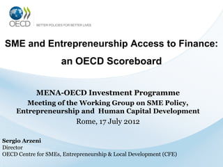 SME and Entrepreneurship Access to Finance:

an OECD Scoreboard
MENA-OECD Investment Programme
Meeting of the Working Group on SME Policy,
Entrepreneurship and Human Capital Development

Rome, 17 July 2012
Sergio Arzeni
Director
OECD Centre for SMEs, Entrepreneurship & Local Development (CFE)

 