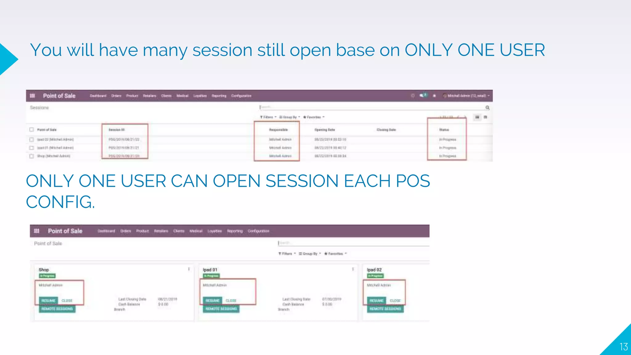 13
You will have many session still open base on ONLY ONE USER
ONLY ONE USER CAN OPEN SESSION EACH POS
CONFIG.
 