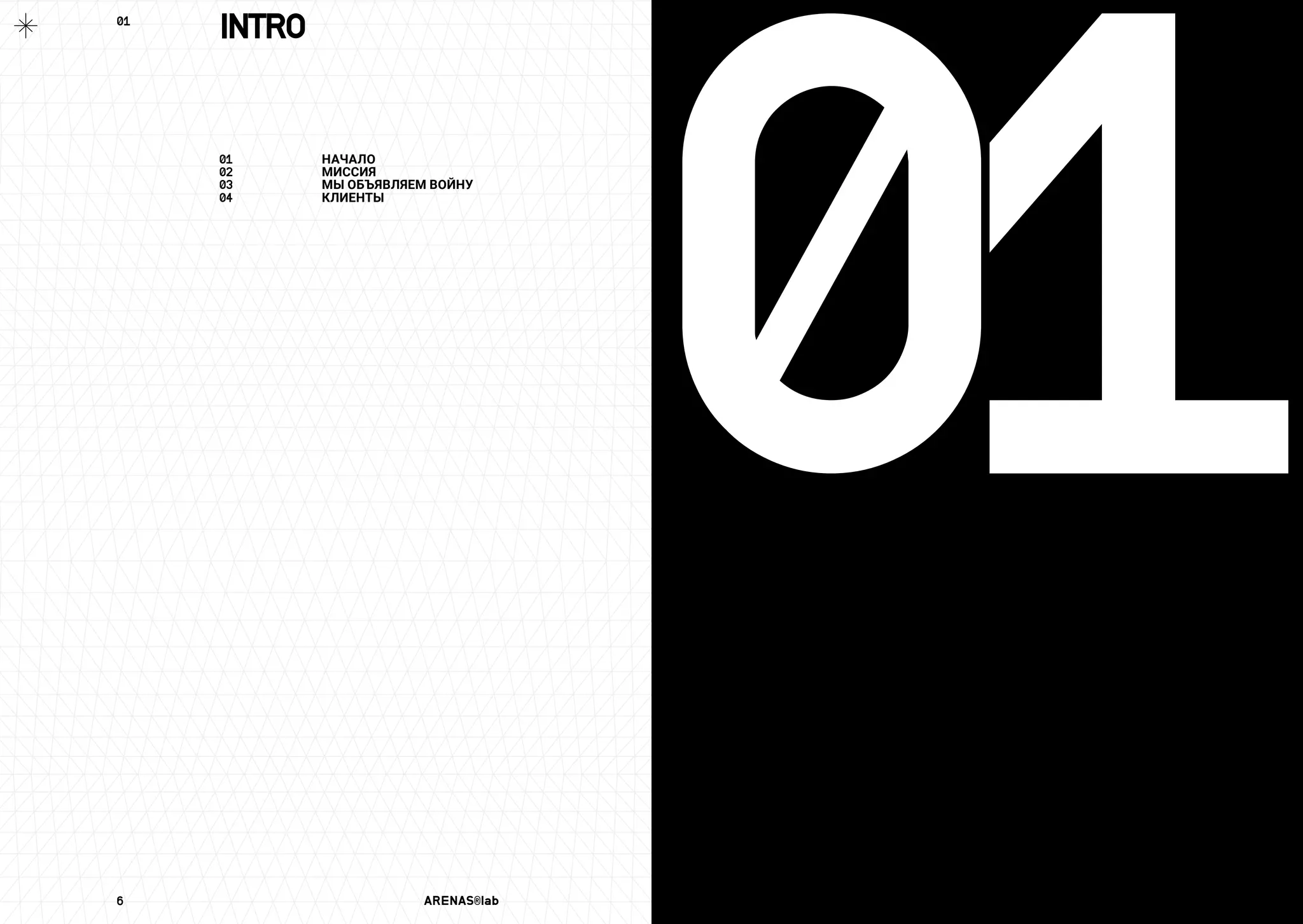 6	 ARENAS®lab	 7	 2016	
INTRO
0101	 НАЧАЛО
02	 МИССИЯ
03	 МЫ ОБЪЯВЛЯЕМ ВОЙНУ
04	 КЛИЕНТЫ
01	
 
