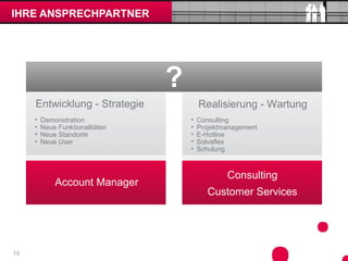 IHRE ANSPRECHPARTNER




                                  ?
     Entwicklung - Strategie               Realisierung - Wartung
     •   Demonstration                •   Consulting
     •   Neue Funktionalitäten        •   Projektmanagement
     •   Neue Standorte               •   E-Hotline
     •   Neue User                    •   Solvaflex
                                      •   Schulung


                                 Account          Consulting
             Account Manager     Manager
                                             Customer Services




15
 