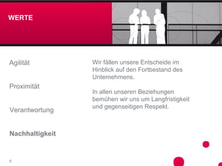 WERTE




Agilität         Wir fällen unsere Entscheide im
                 Hinblick auf den Fortbestand des
                 Unternehmens.
Proximität
                 In allen unseren Beziehungen
                 bemühen wir uns um Langfristigkeit
                 und gegenseitigen Respekt.
Verantwortung


Nachhaltigkeit


8
 