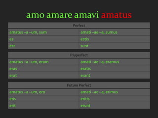 amo amare amavi amatus
                         Perfect
amatus –a –um, sum           amati –ae –a, sumus
es                           estis
est                          sunt

                       Pluperfect
amatus –a –um, eram          amati –ae –a, eramus
eras                         eratis
erat                         erant

                      Future Perfect
amatus –a –um, ero           amati –ae –a, erimus
eris                         eritis
erit                         erunt
 
